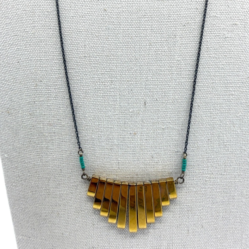 Unique Gold Tone Bar Fan Pendant Necklace Boho Layering Statement Piece Jewelry